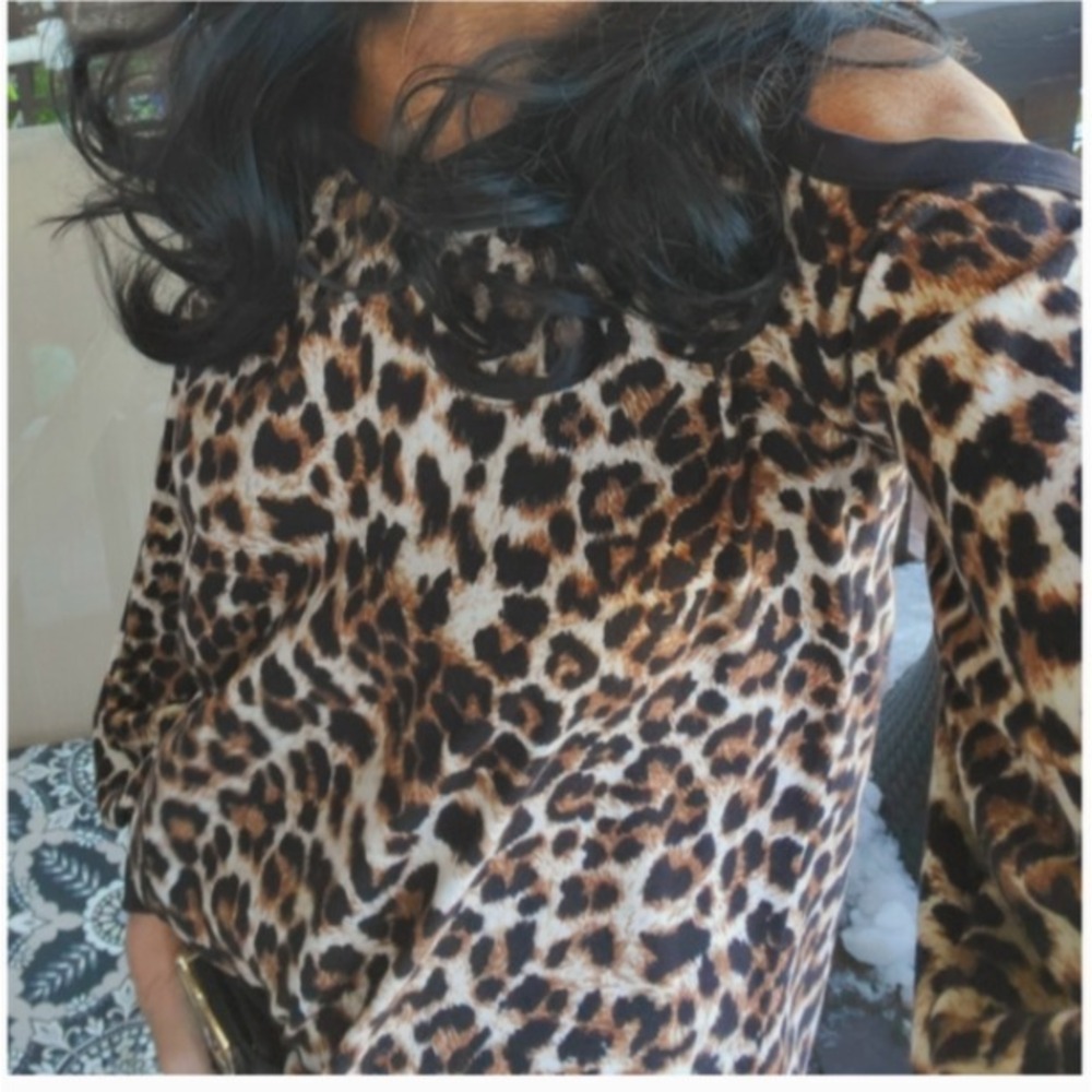 EUC White Birch Tunic Top 2X Black Animal Leopard Print Strappy Cold Shoulder - Picture 9 of 12